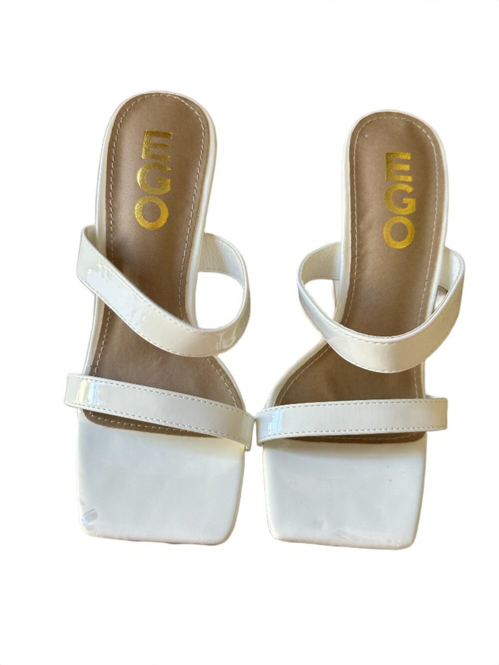 EGO White Patent Two-Strap Square Toe Heeled Sandals